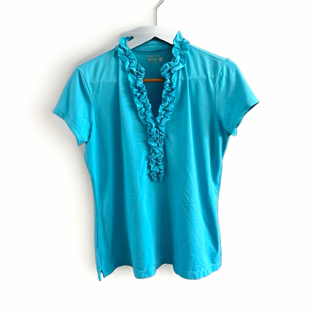 Lilly Pulitzer Luxletic Blue Ruffle V-Neck Cap Sleeve Knit Top Women's L